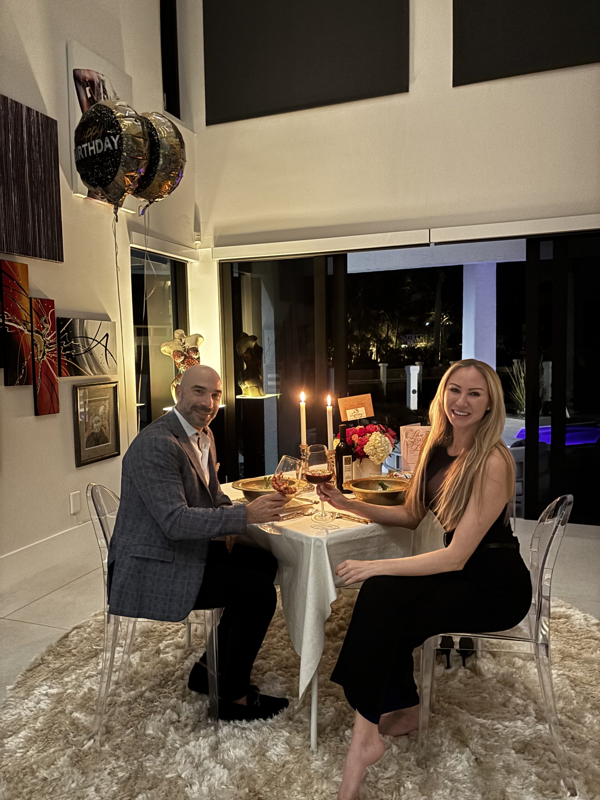 A couple at a romantic birthday dinner.| ANA MARIA'S CATERING