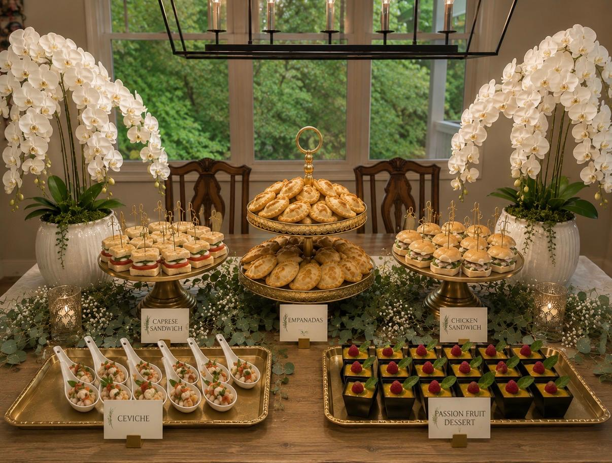 Gourmet appetizer spread on tiered gold stands with ceviche and empanadas