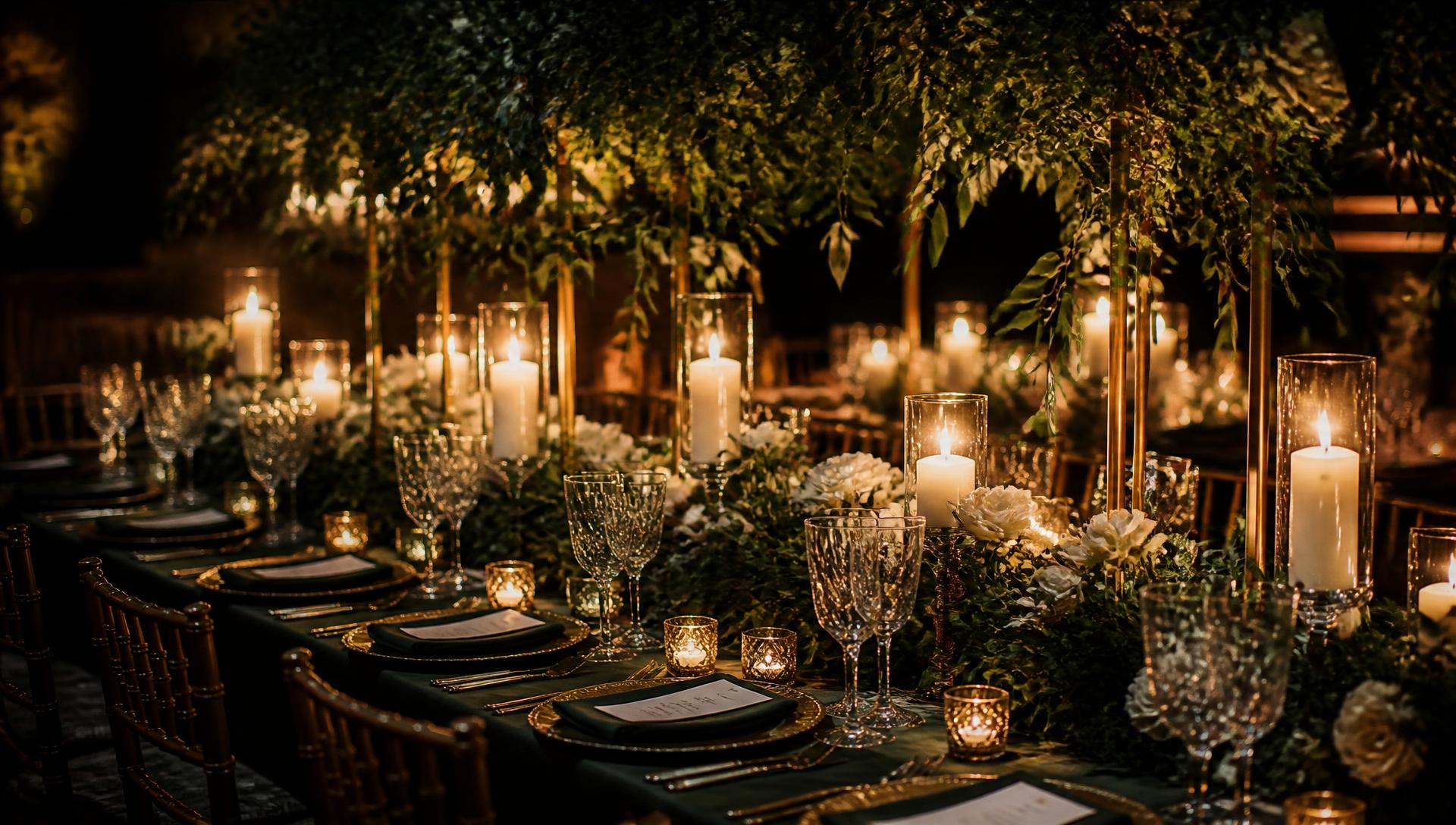 Candlelit wedding dinner table